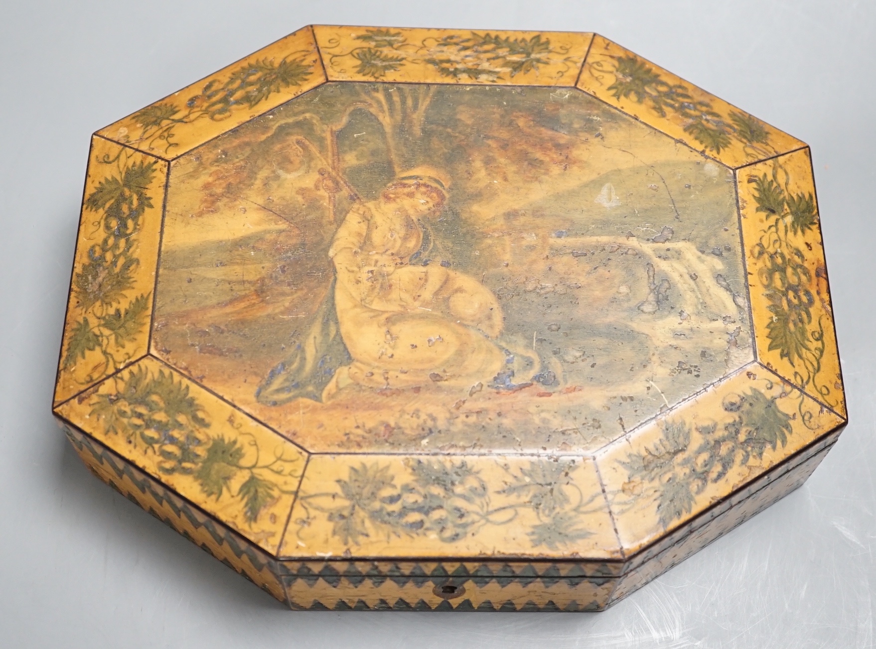 A Regency octagonal painted sycamore work box, containing mother of pearl and bone counters 26cm